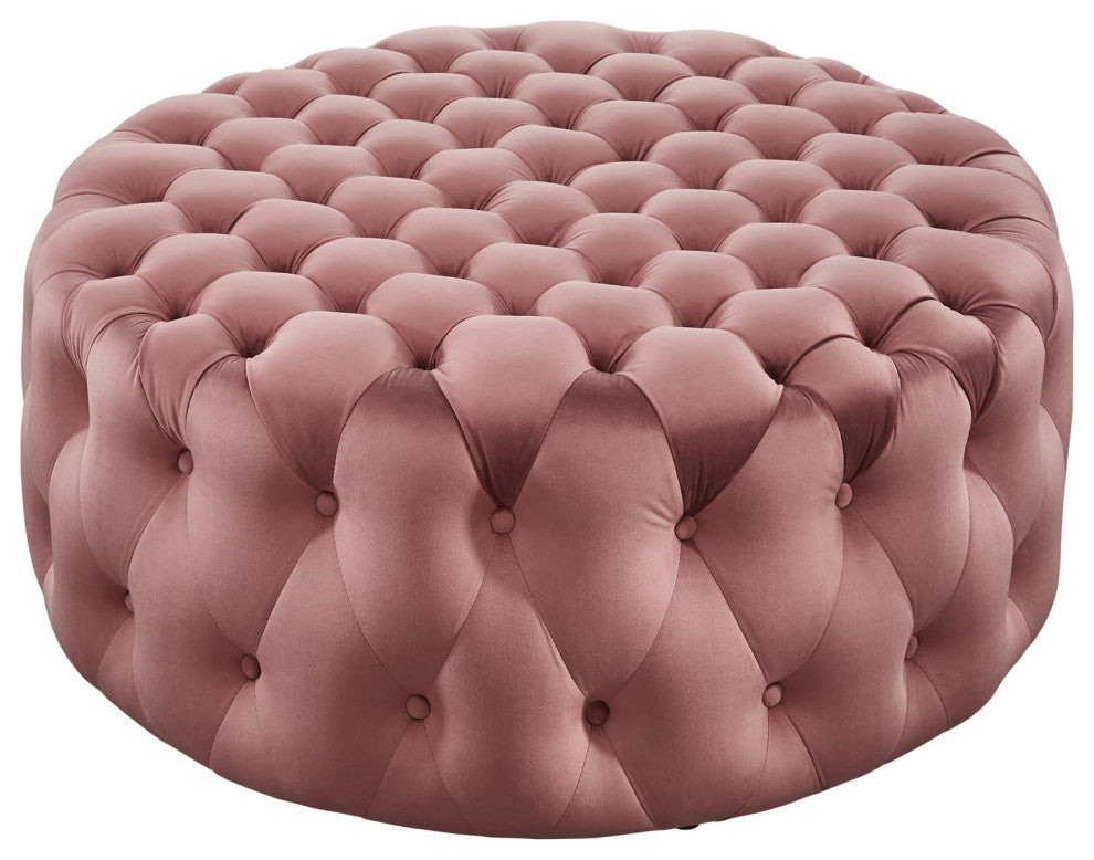 Round Ottoman Accent Tufted Chair, Pink, Velvet, Modern, Lounge Hospitality