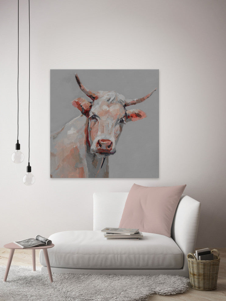 "Mischievous Cow" Painting Print on Wrapped Canvas, 12"x12"