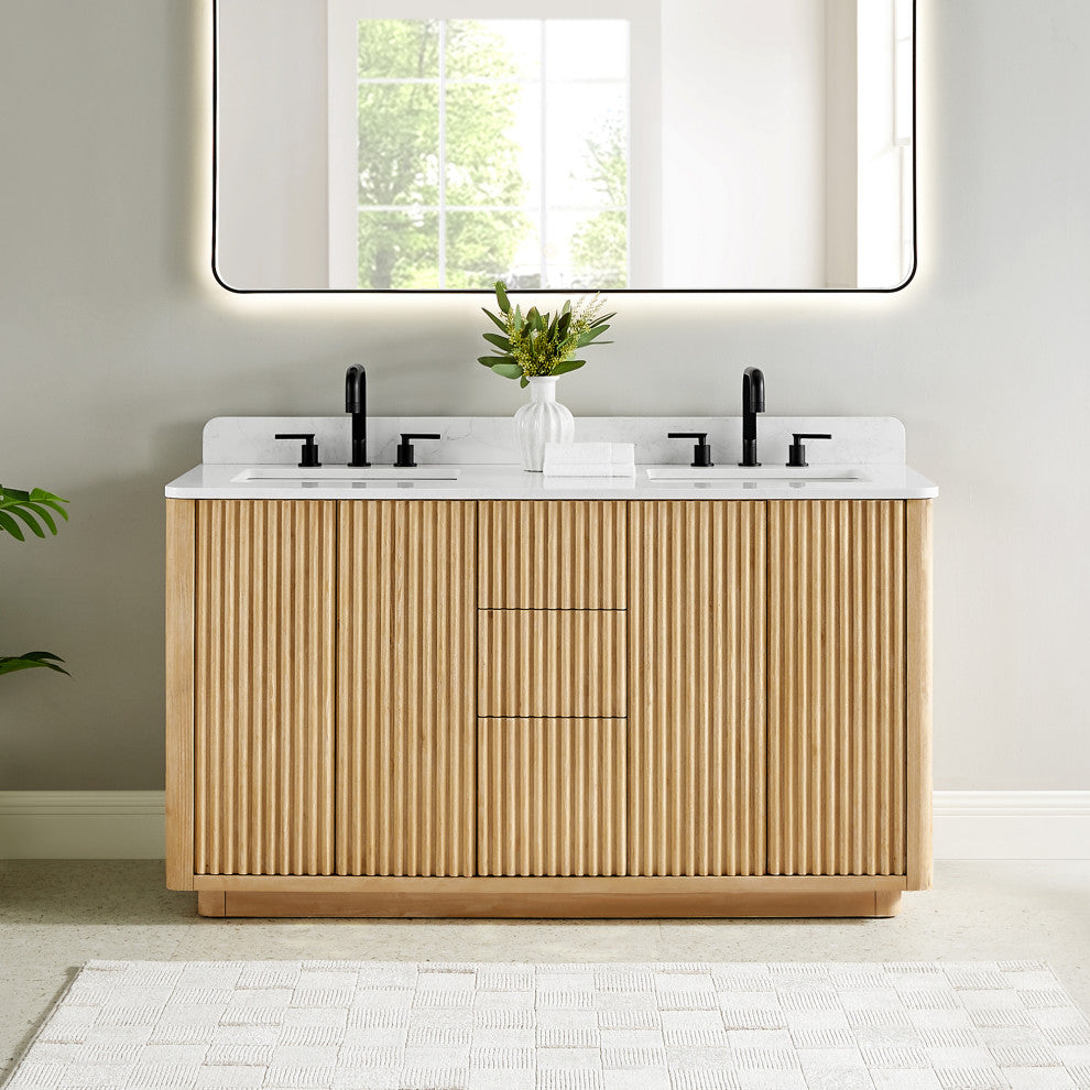 Clayton Bathroom Vanity, Washed Light Brown, 60", No Mirror