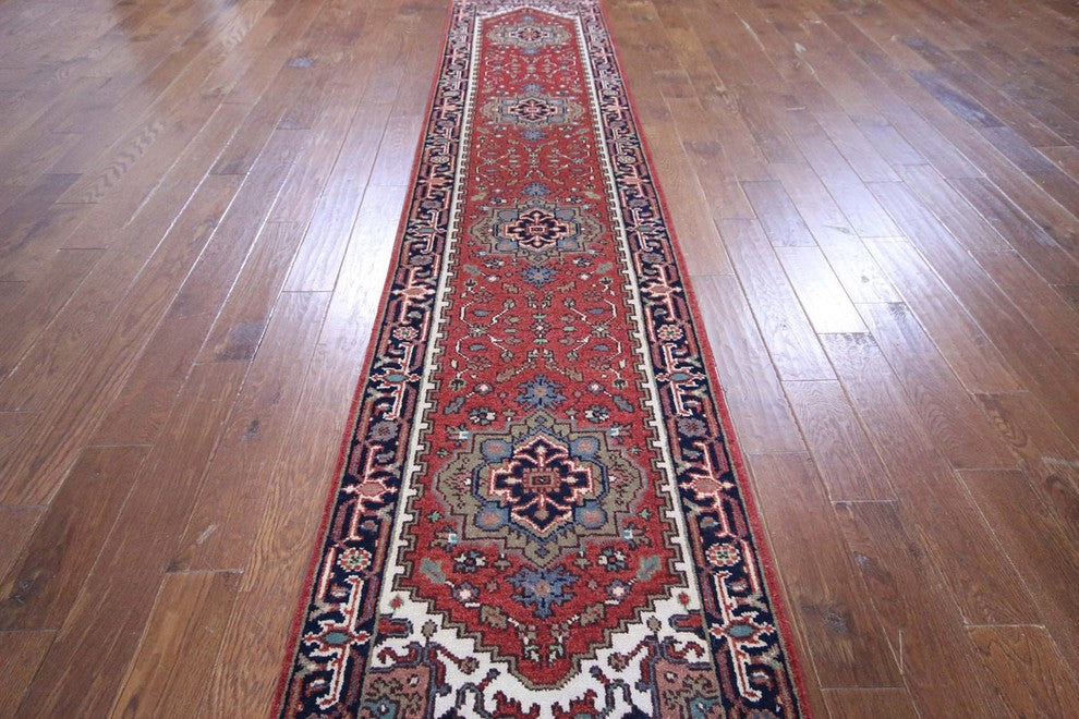 Oriental Heriz Serapi Red and Navy Blue Floral Hand-Knotted Wool Rug, 3'x12'