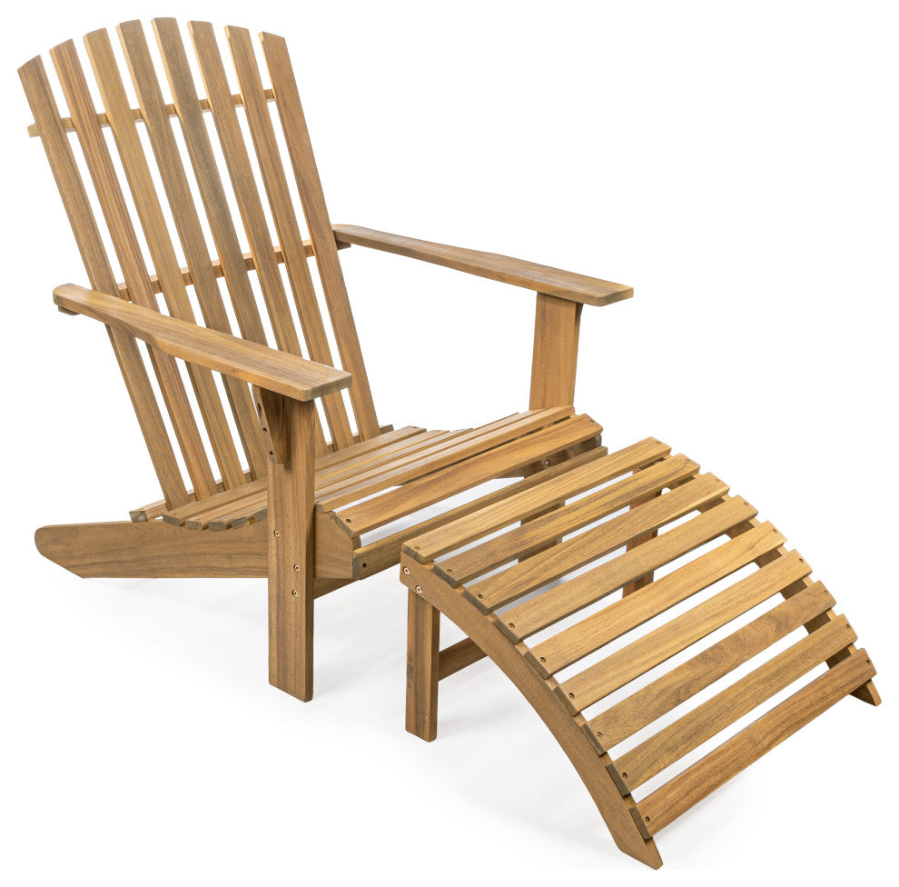 2-Piece Traditional Rustic Acacia Wood Adirondack Chair, Detachable Ottoman