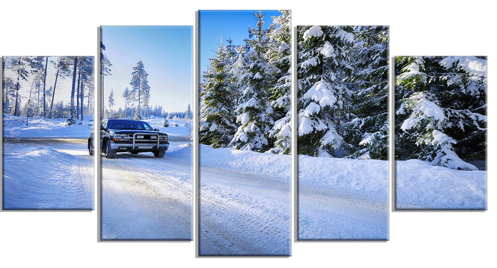 SUV Car Though Snowy Winter, Landscape Canvas Art Print, 60"x32", 5 Panels