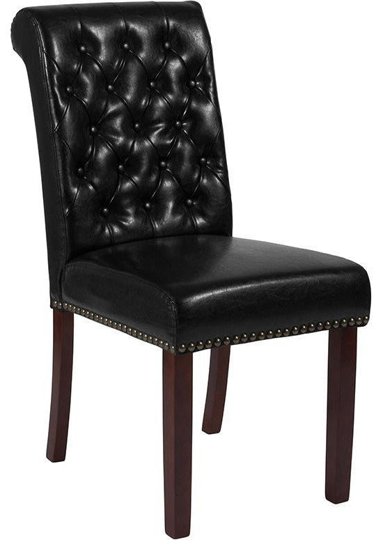 HERCULES Series Black Leather Parsons Chair - Rolled Back, Walnut Finish