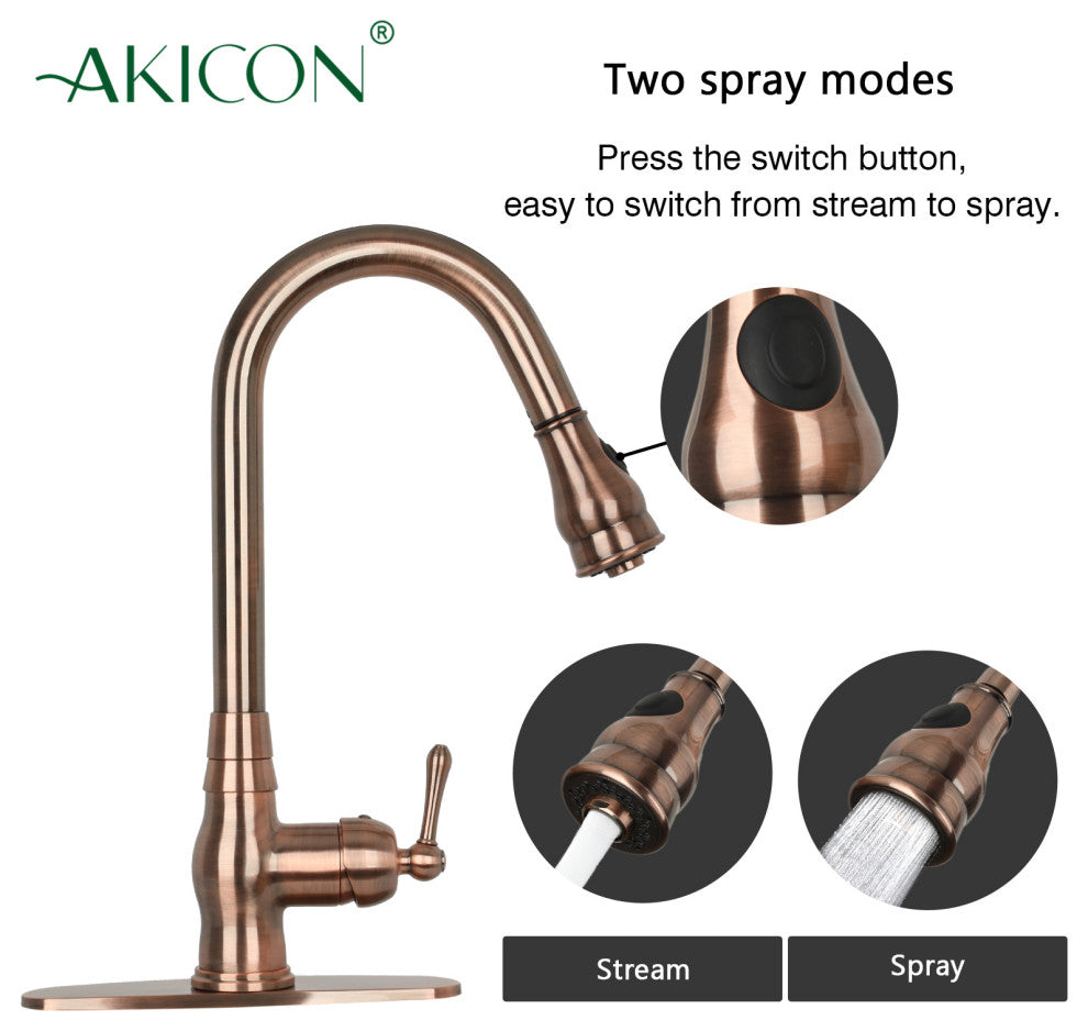 Pull Down Kitchen Faucet With Deck Plate, Single Level Solid Brass Sink Faucets,
