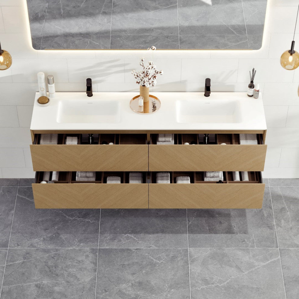 Lotus 59"W Oak Wallmount Vanity With White Solid Surface Int. Double Sink Top
