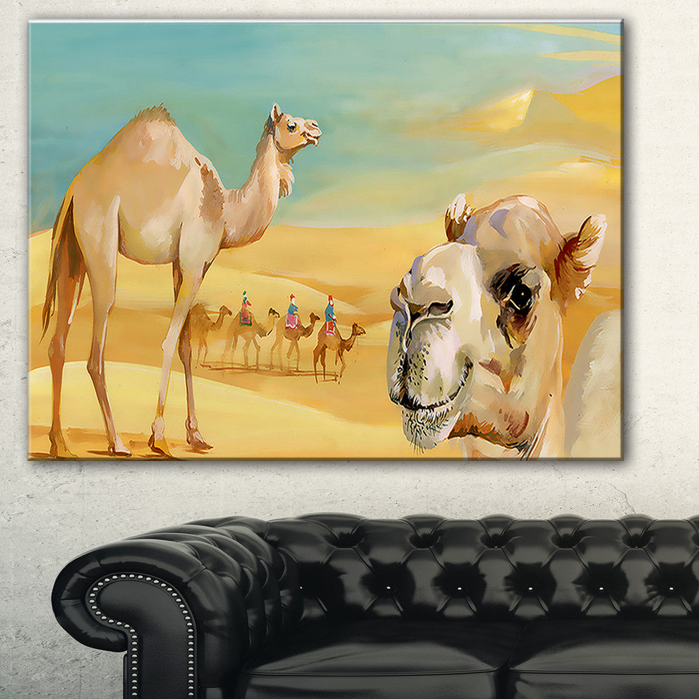 "Wandering Camels in Desert" Watercolor Animal Canvas Print, 32"x16"