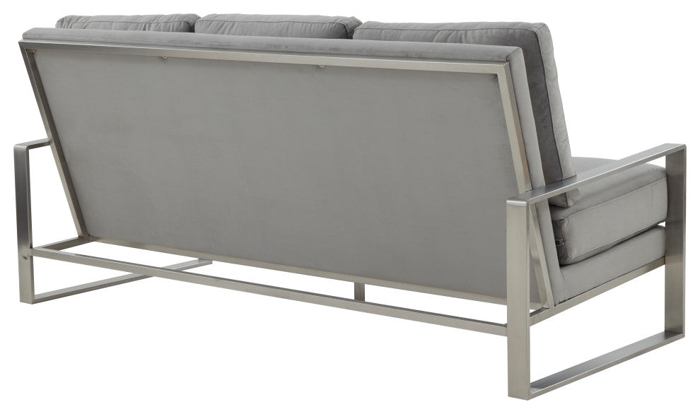 LeisureMod Jefferson Modern Design Velvet Sofa With Silver Frame, Light Gray