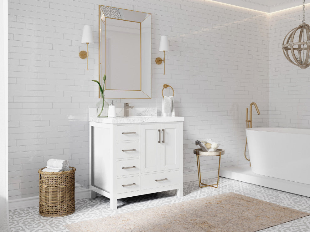 Malibu 36 Center Sink Bath Vanity in White  2" Calacatta Nuvo