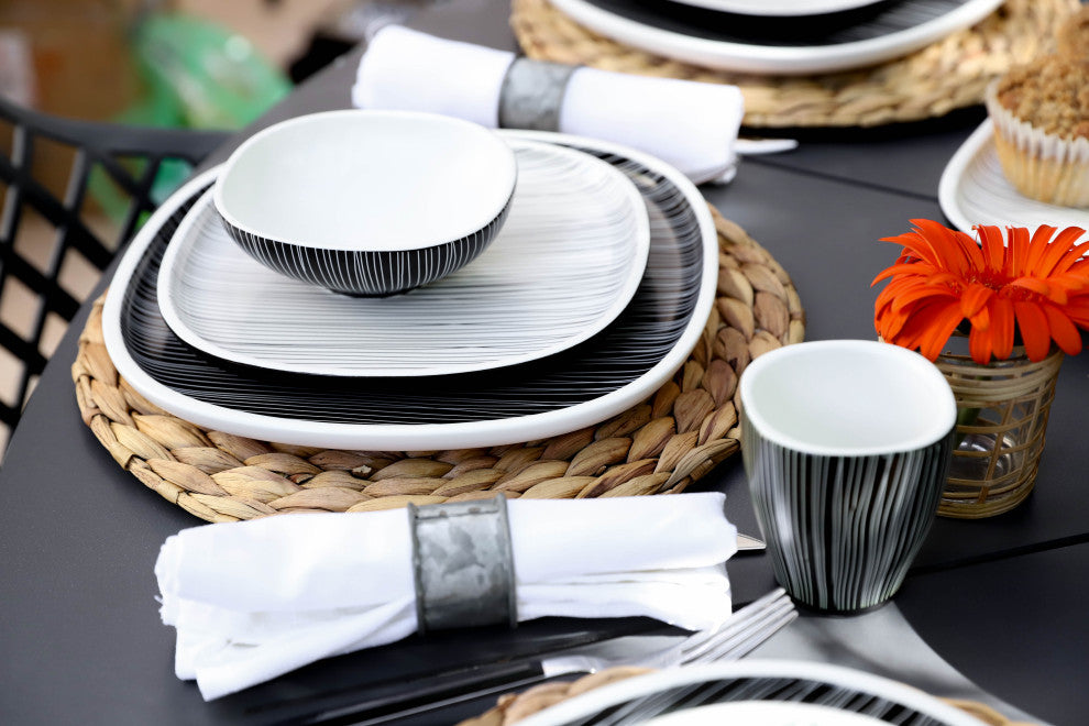 Black and White Dinnerware set, Black With White Lines, 4 Square Bowls (5" X 5")