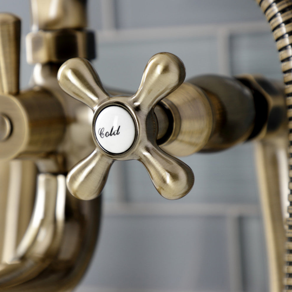 KS228AB Deck Mount Clawfoot Tub Faucet With Hand Shower, Antique Brass