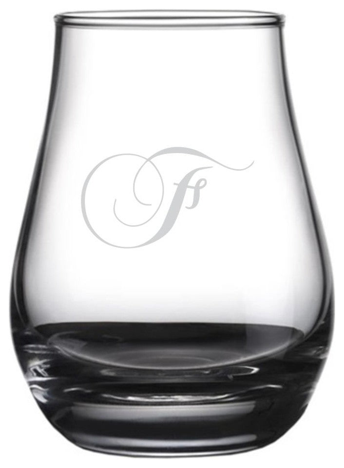 Chopin Script Etched Monogram Spey Dram Whiskey Tasting Glass, Letter F