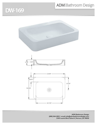 ADM Rectangular Countertop Sink, White, 24", Glossy White