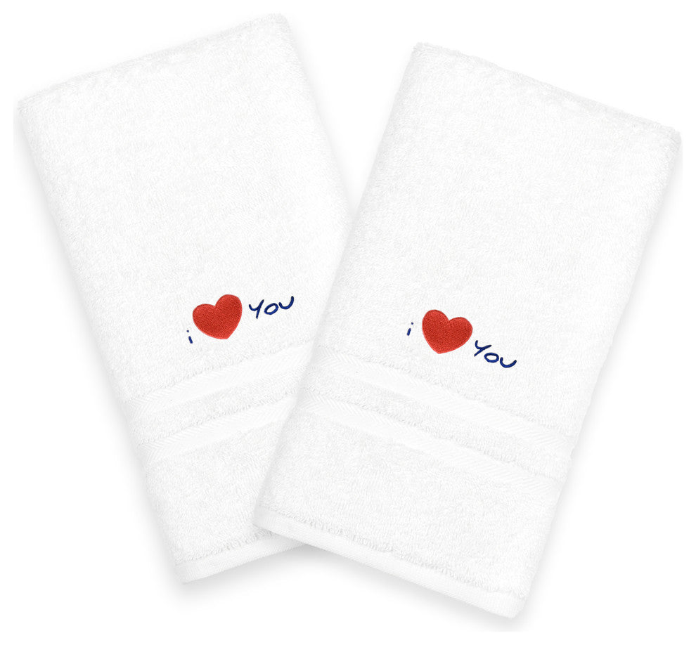 "I Love You" Embroidered White Hand Towels, Set of 2, Navy