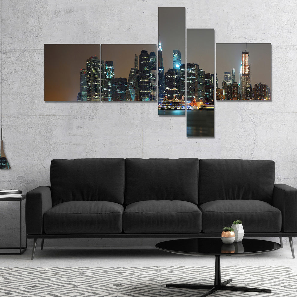 Evening New York Panorama, Cityscape Canvas Art Print, 60"x32", 5 panels