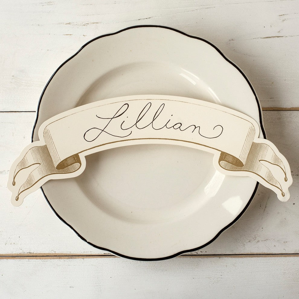 Vintage Style Large Scroll Paper Place Card Labels | Set 36 Gold Cream Ribbon