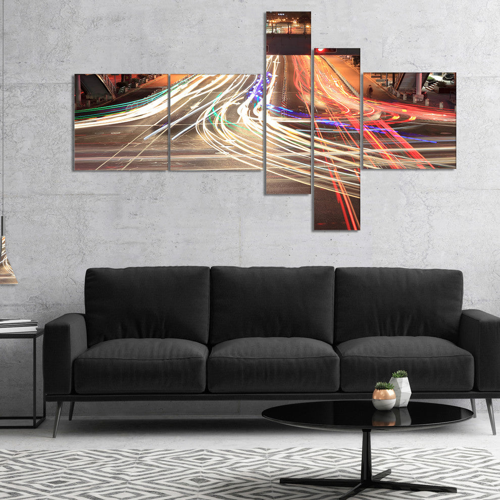Light Traces on Crossroad, Cityscape Digital Art Canvas Print, 60"x32", 5 panels