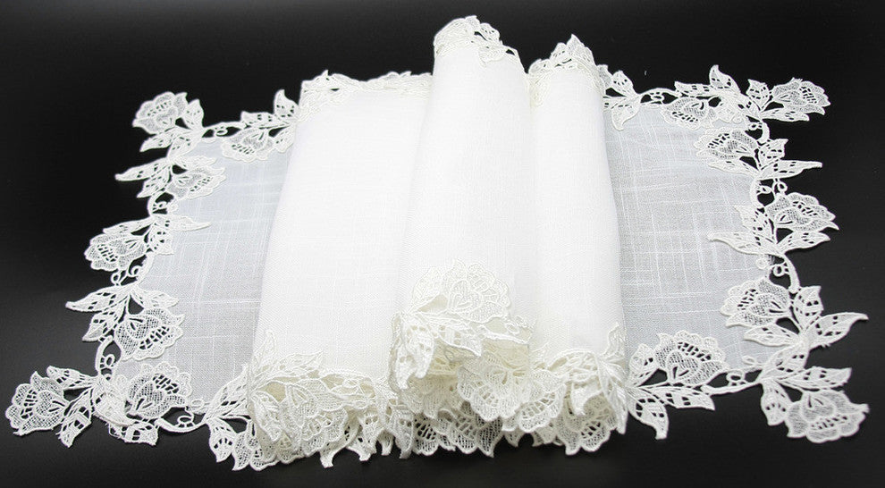 English Rose Lace Trim Table Runner, White, 16"x36"