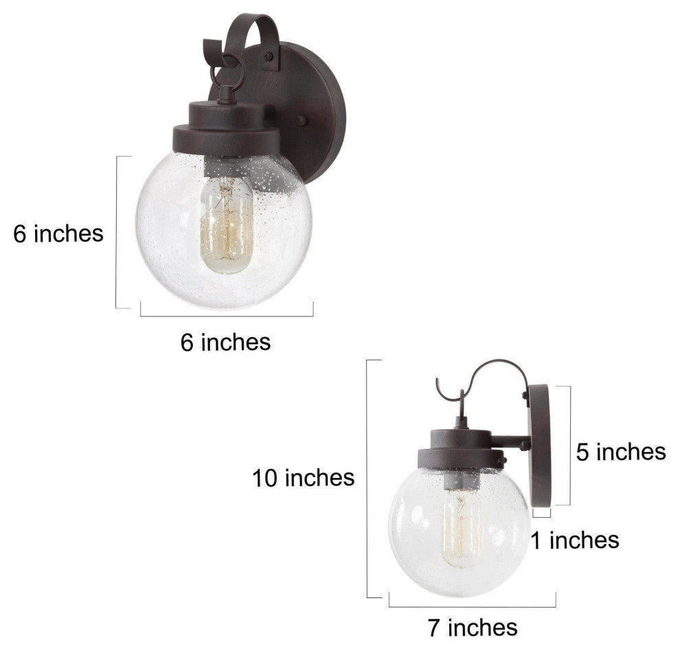 1-Light Seeded Glass Globe Outdoor Wall Light, Set of 2, Rustic Bronze, 10"