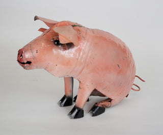Recycled Metal Sitting Pig, Pink