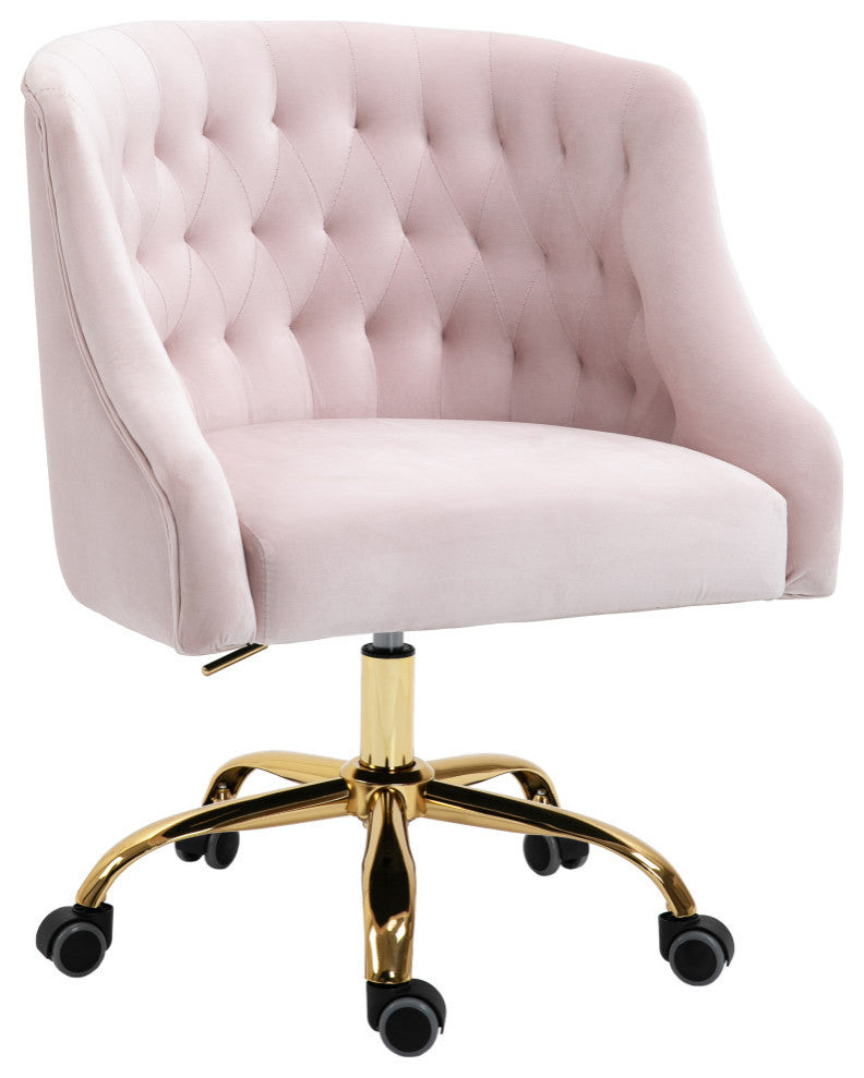 Arden Swivel and Adjustable Velvet Upholstered Office Chair, Pink, Gold Base