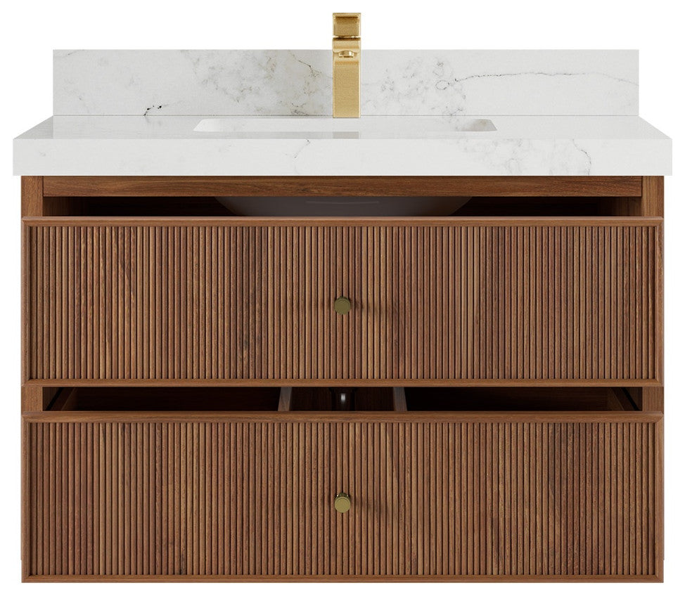 Sonoma Floating 36 Single Sink Vanity in Dark Natural with 2" Calacatta Nuvo