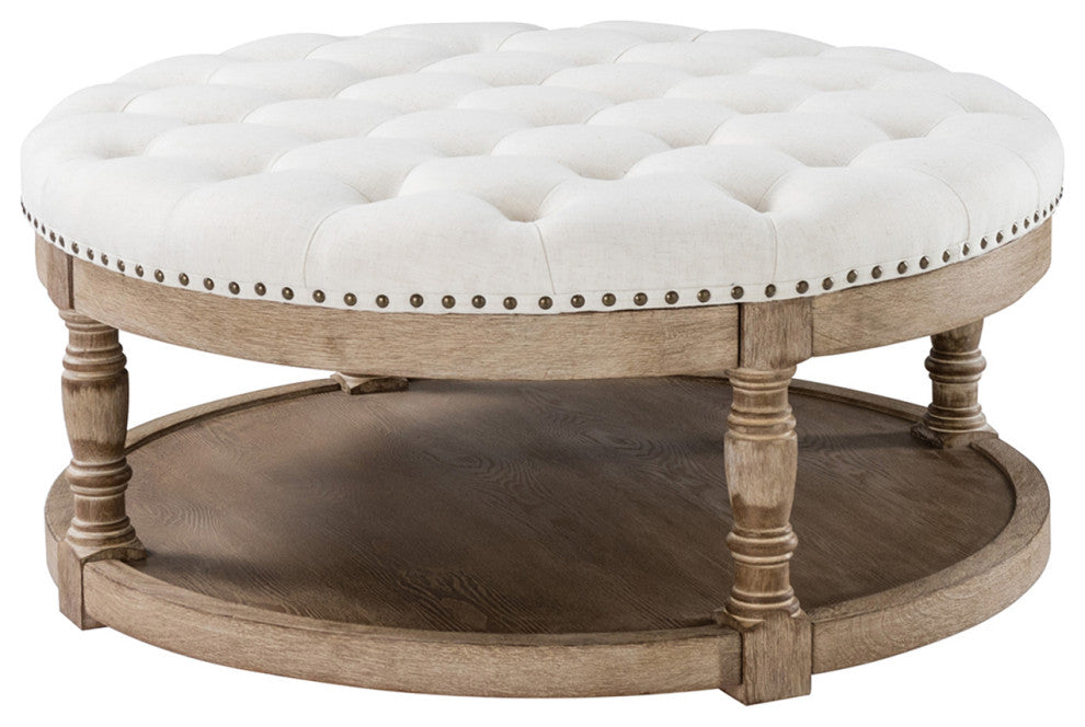 36" Wide Tufted Round Cocktail Ottoman With Storage, Ivory