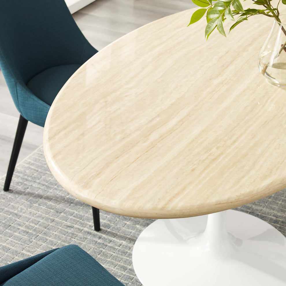Lippa 60" Oval Artificial Travertine Dining Table, White Traventine