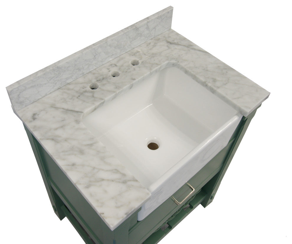 Charlotte 30" Bathroom Vanity, Sage Green, Carrara Marble
