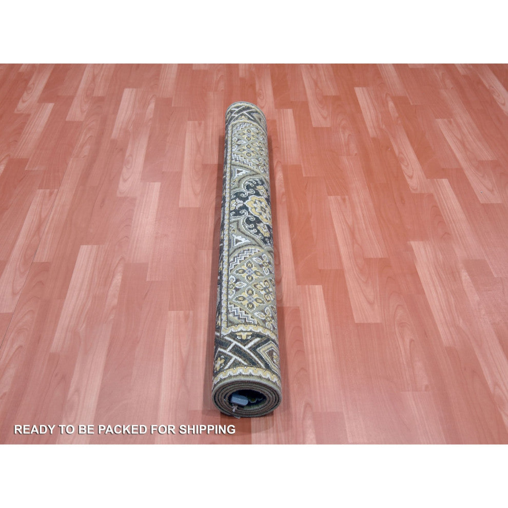 Taupe/Brown Silk Mughal Inspired Hand/Knotted Textured Wool Rug, 4'0"x6'2"