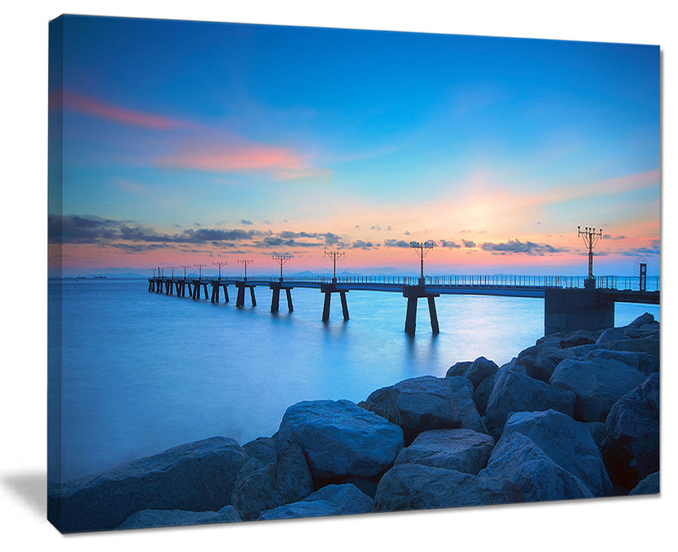 "Bluish Rocky Seashore With Pier" Sea Bridge Canvas Wall Artwork, 40"x30"