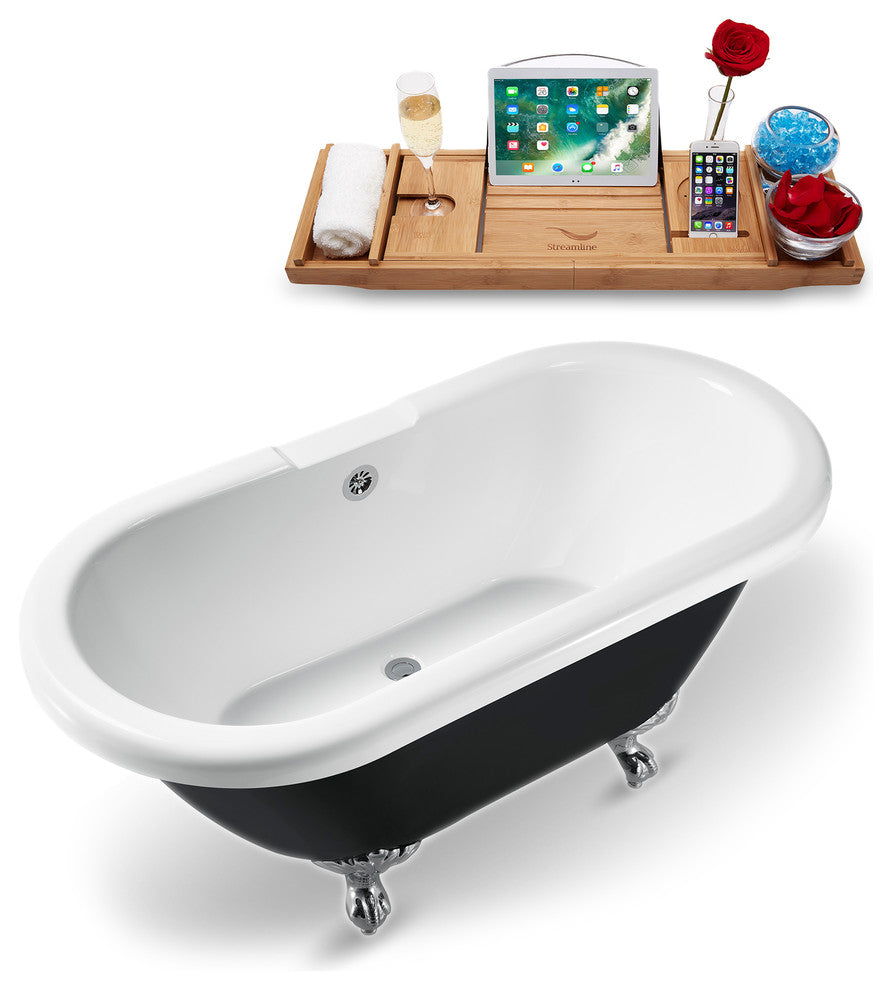 59" Black Clawfoot Tub and Tray, Chrome Feet, Chrome External Drain