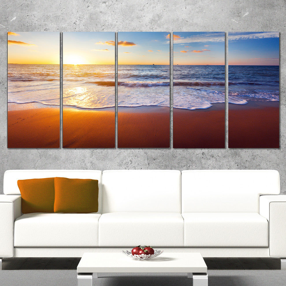 "Stunning Blue Waves and Brown Sand" Beach Canvas Wall Art, 5 Panels, 60"x28"