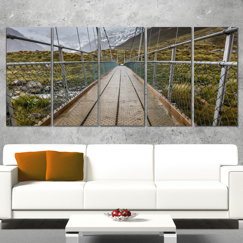 Bridge Over Hooker River in Aoraki, Bridge Canvas Art Print, 60"x28", 5 Panels