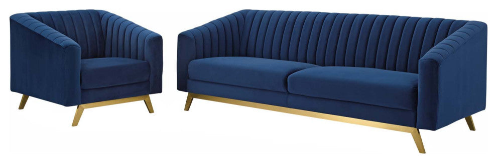 Tufted Armchair and Sofa Set, Velvet, Blue Navy, Modern, Lounge Hospitality
