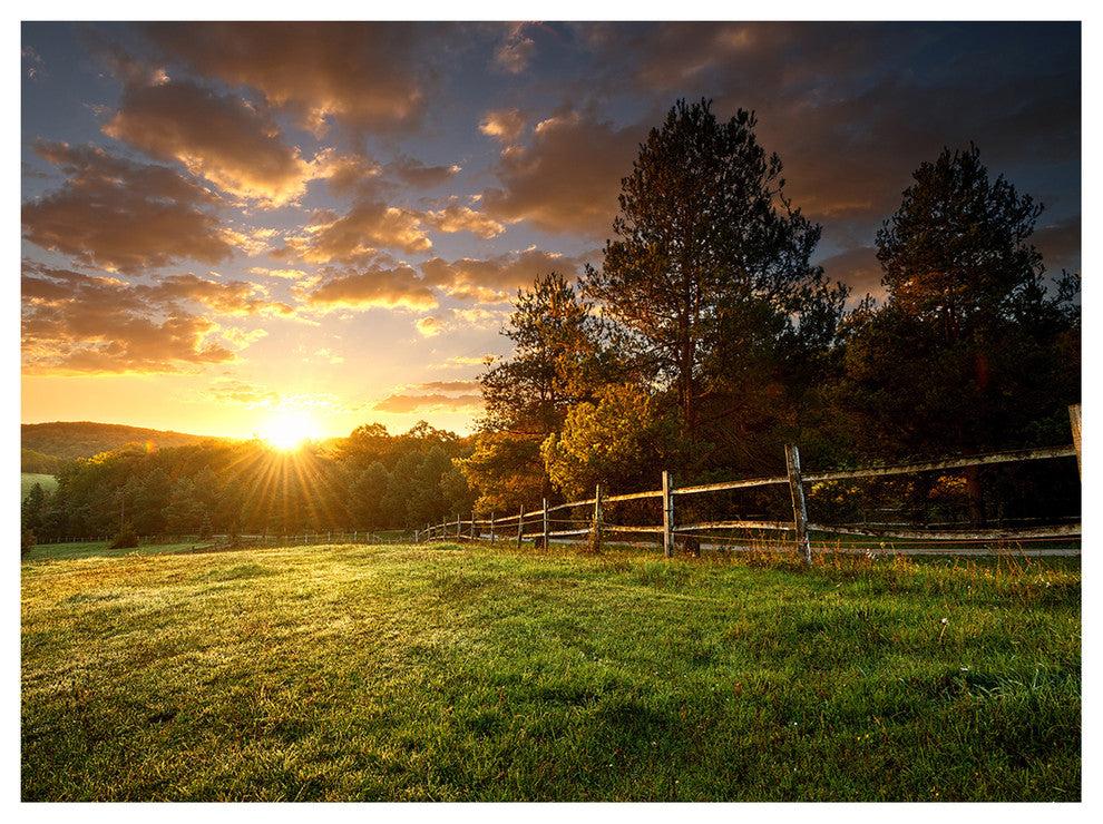 Fenced Ranch at Sunrise, Landscape Canvas Art Print, 40"x30"