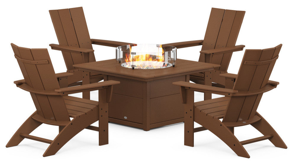 Modern Curveback Adirondack 5-Piece Set With Fire Pit Table, Teak