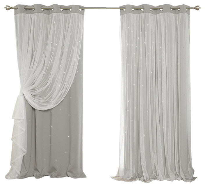 Tulle Overlay Star Cut Out Blackout Curtains, Dove, 52" W X 84" L