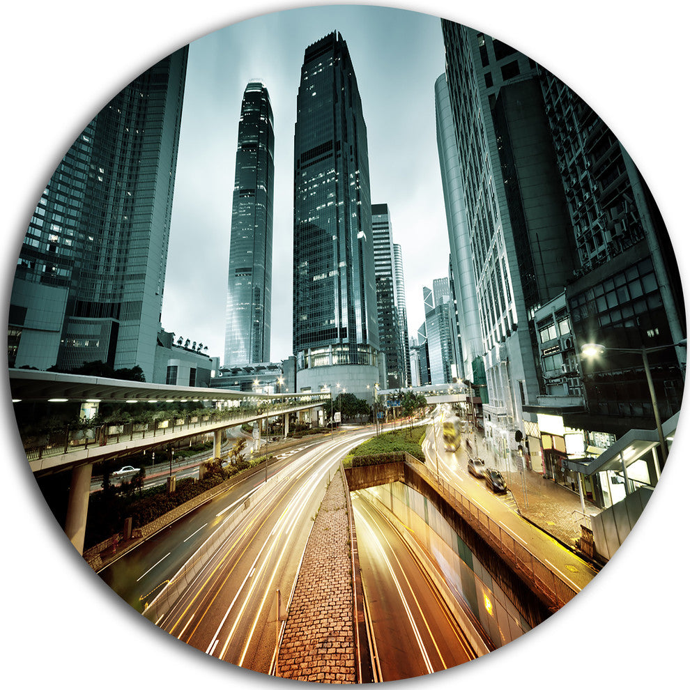 Traffic In Hong Kong At Sunset, Cityscape Photo Round Wall Art, 11"