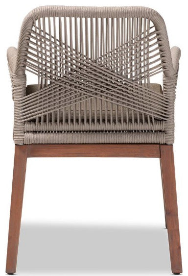 Mid-Century Transitional Gray Woven Rope Mahogany Dining Arm Chair