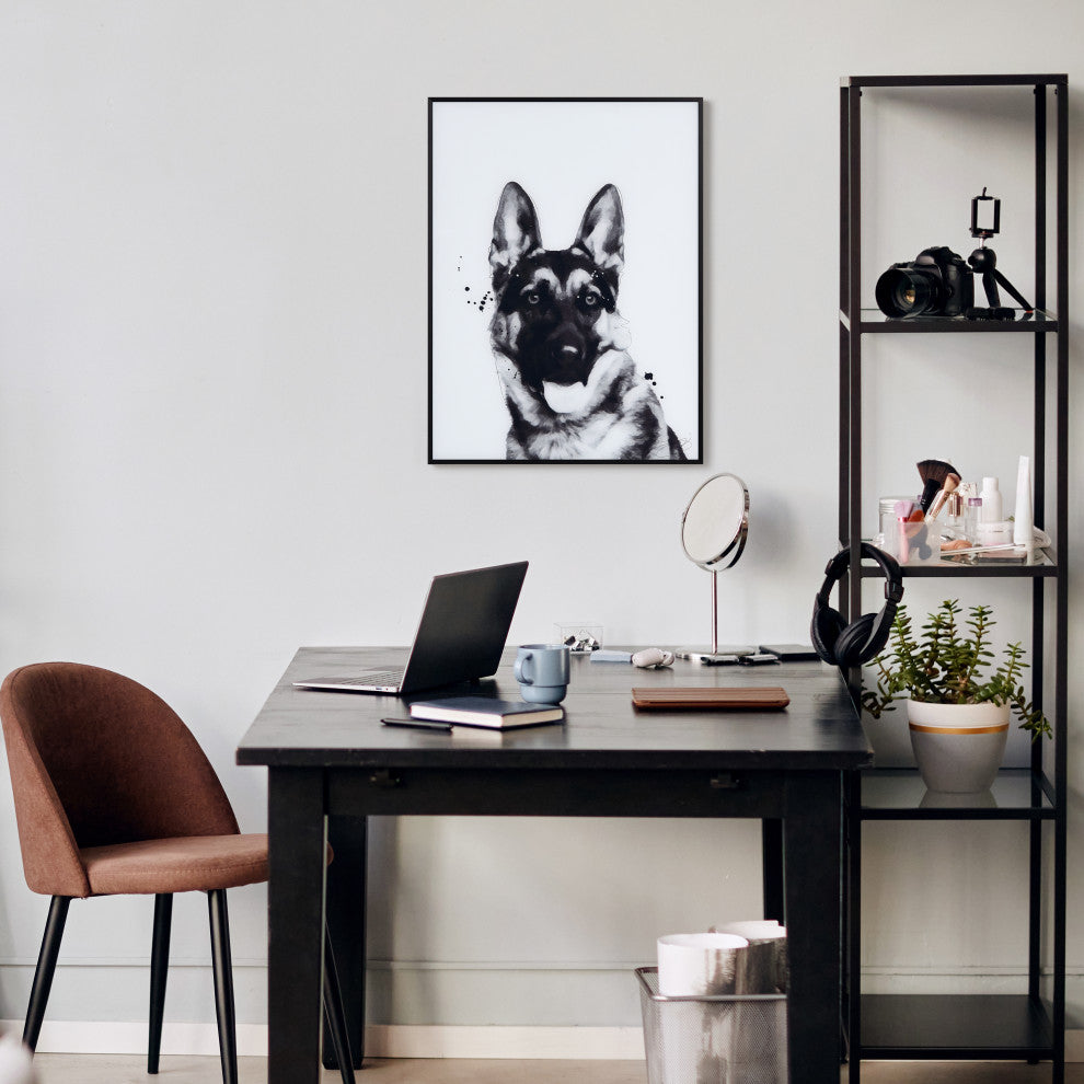 "German Shepherd" Black and White Pet Art on Printed Glass with Anodized Frame