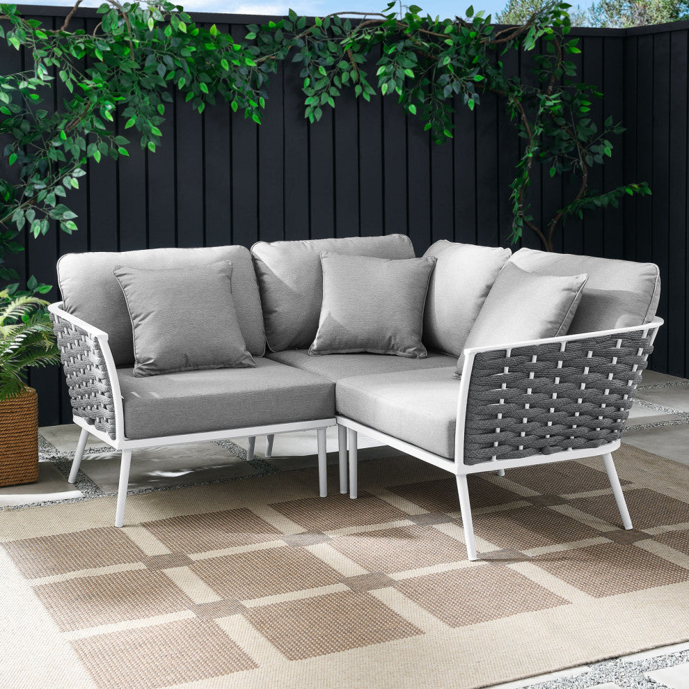 Lounge Sectional Sofa Chair Set, White Gray, Aluminum, Modern, Outdoor
