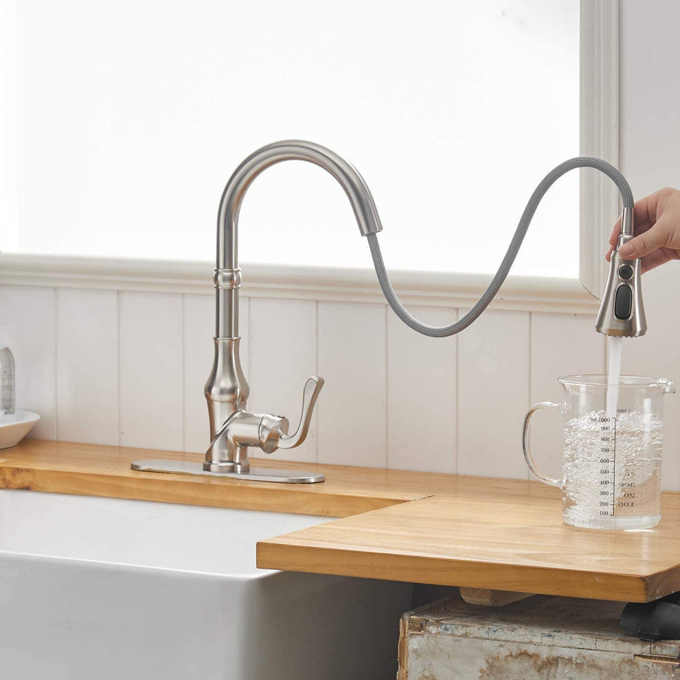 Wellfor Single Level Stainless Steel Kitchen Faucet With Pull Down Spray, Brushed Nickel