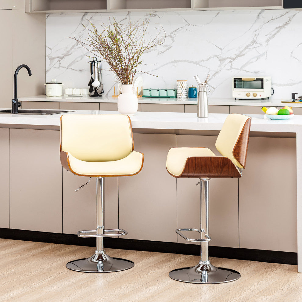 Mid-Century Modern Beige Adjustable Height Swivel Bar Stool, Set of 2