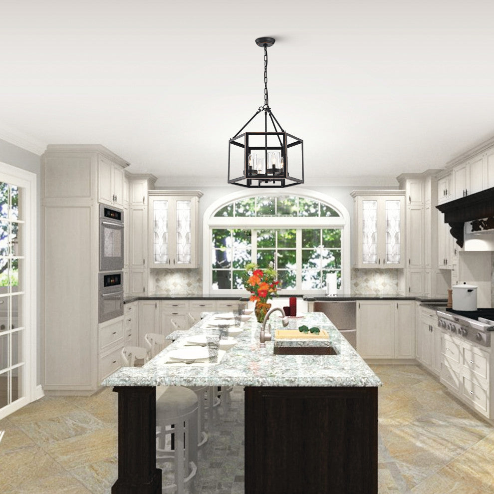 4-Light Oil Rubbed Bronze Hexagon Lantern Cage Chandelier Farmhouse