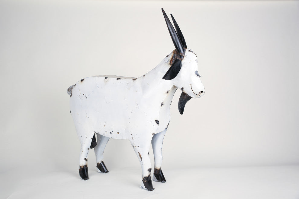 Recycled Metal Garden Farmhouse Goat-Handmade-Rustic, White & Black, Large