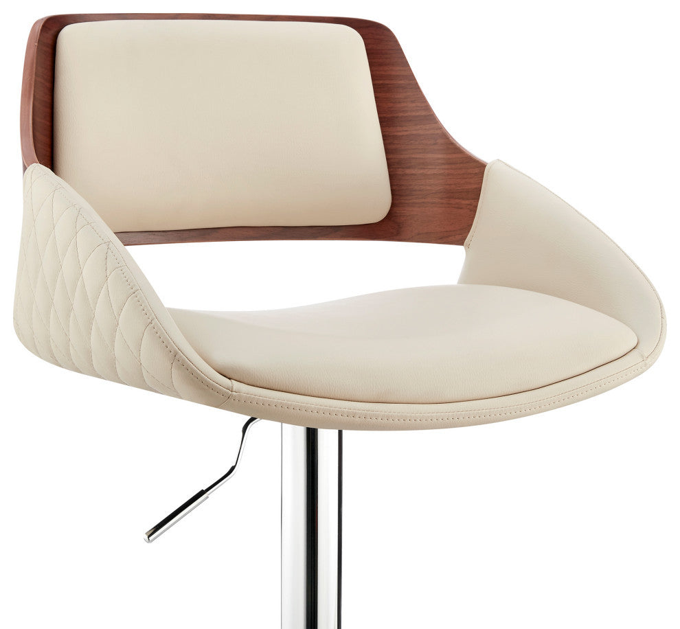 Colby Adjustable Faux Leather and Metal Bar Stool, Cream and Chrome