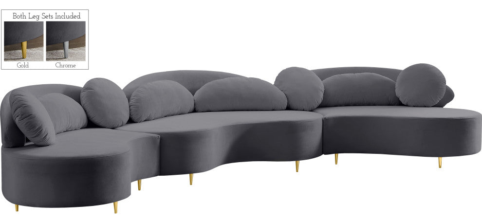 Vivacious Velvet Upholstered 3-Piece Sectional, Gray