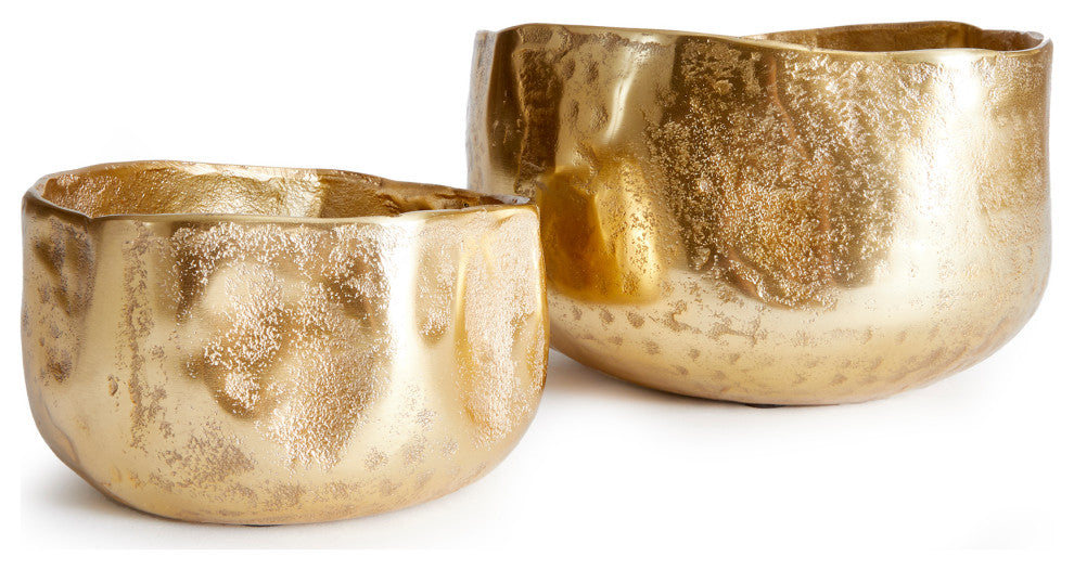 Set of 2 Elegant Free Form Textured Gold Planters Cachepots Round Organic Shape
