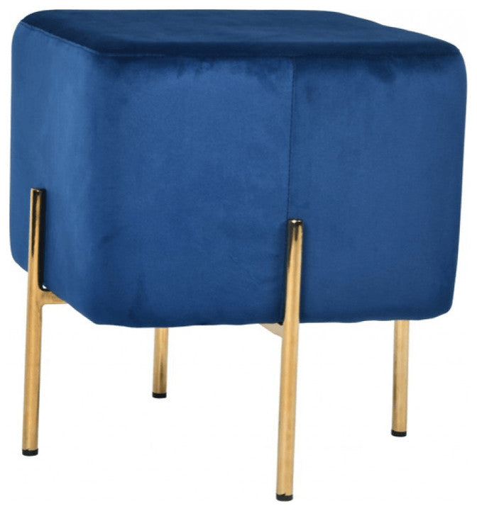 16" Blue Velvet And Gold Cube Ottoman