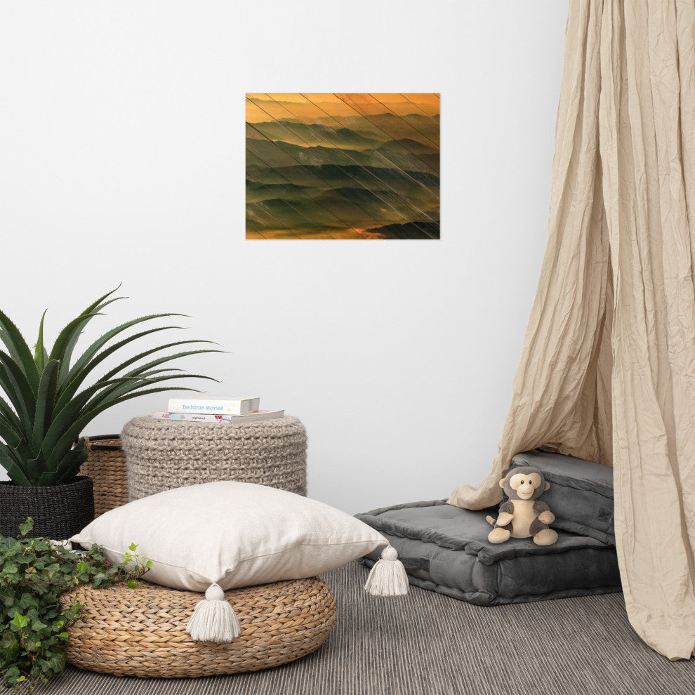 Faux Wood Foggy Mountain Layers at Sunset Landscape Unframed Wall Art Prints, 18" X 24"